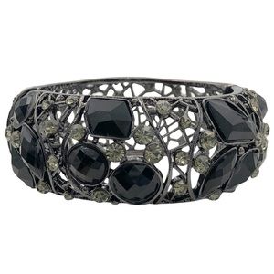 Black & Grey Gem & Rhinestone Filigree Statement Hinged Bangle Bracelet
